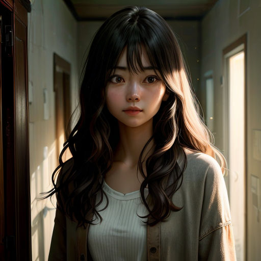 a woman standing in a hallway next to a doorway with a light shining on her face and hair in the air