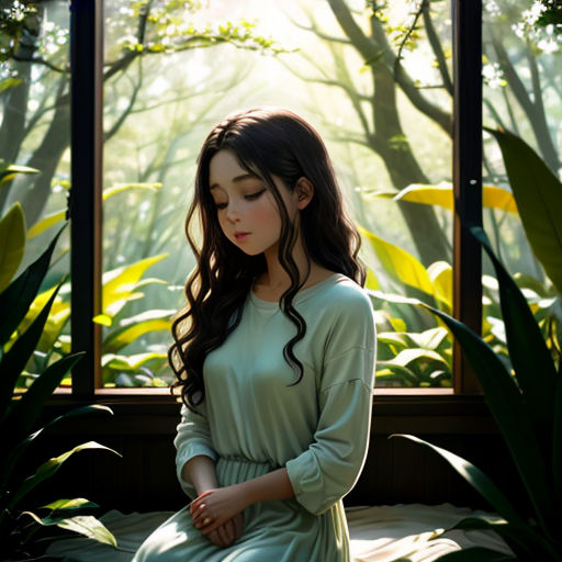 a woman sitting on a bench in front of a window with a forest view behind her and a green plant