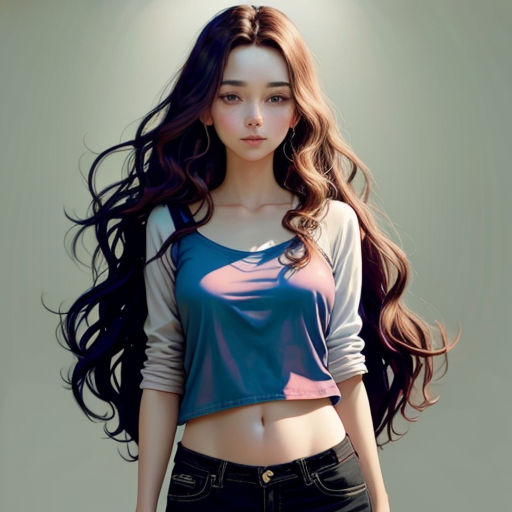 a girl with long hair and a blue shirt is standing in front of a white background with a light