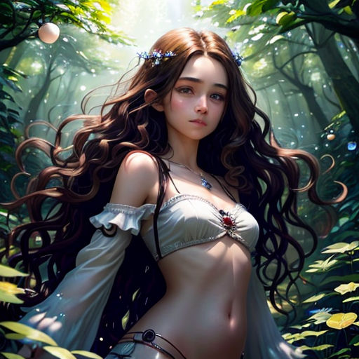 a woman in a bikini standing in the woods with long hair and a crown on her head, with a butterfly in her hair