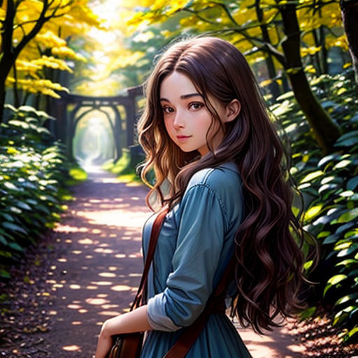 a girl in a blue dress is standing in the woods with a brown bag and a brown purse on her shoulder