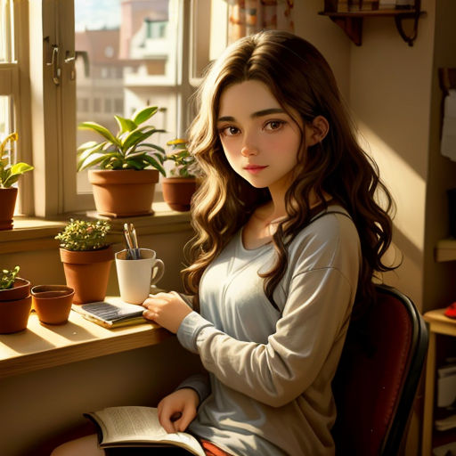 a woman sitting in a chair next to a window with a book and a cup of coffee in front of her