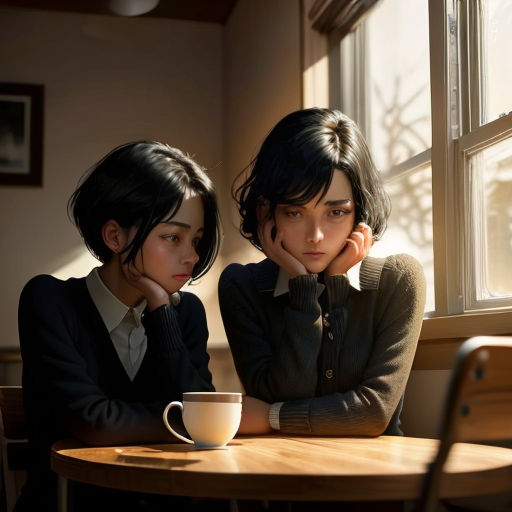 two young women sitting at a table with a cup of coffee in front of them, both looking at the camera