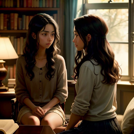 two girls sitting on a couch in a library talking to each other and looking at each other with books on the table