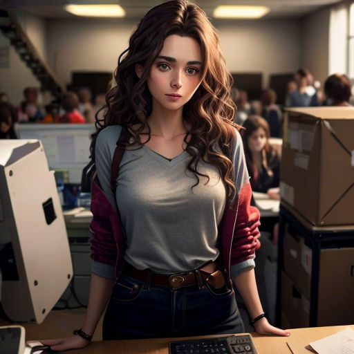 a woman standing in front of a computer monitor in an office setting with people in the background and a computer on a desk