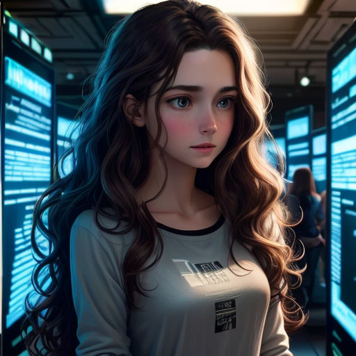 a woman standing in front of a display of computer screens in a room with people looking at them and a woman with long hair