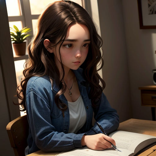 a girl sitting at a desk writing on a book with a pen in her hand and a potted plant in the background