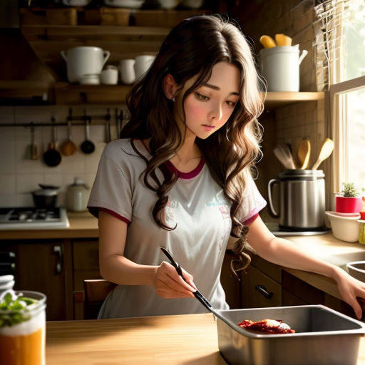 a woman in a kitchen preparing food on a counter top with a spatula in her hand and a pan with food in it