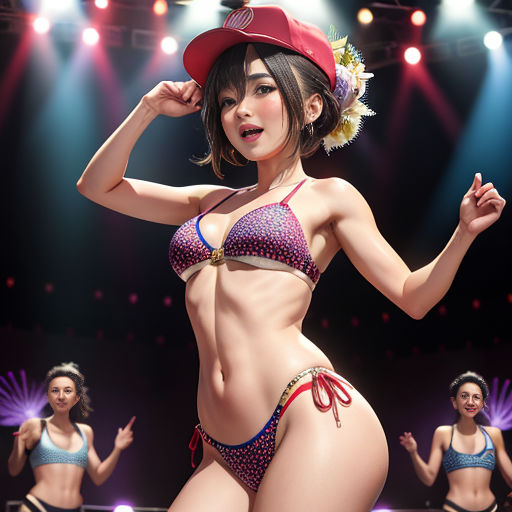 a woman in a bikini and hat on stage with other women in bikinis behind her and lights behind her