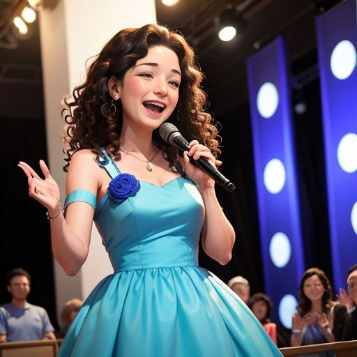 a woman in a blue dress holding a microphone and smiling at the camera while standing in front of a crowd