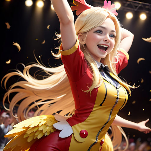 a woman in a costume is dancing on stage with a crowd of people behind her and a stage with lights