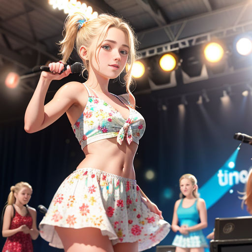 a woman in a short skirt and top on stage with a microphone in her hand and a band behind her