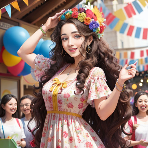 a woman in a dress is standing in front of a crowd of people and balloons and flags are flying