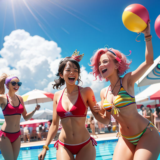 three women in bikinis are playing with a ball in a pool with people in the background and a sun flare