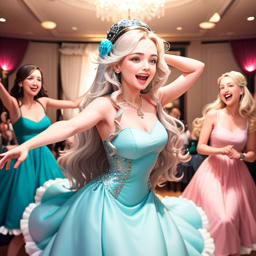 a group of women in dresses dancing in a dance studio with a chandelier hanging from the ceiling