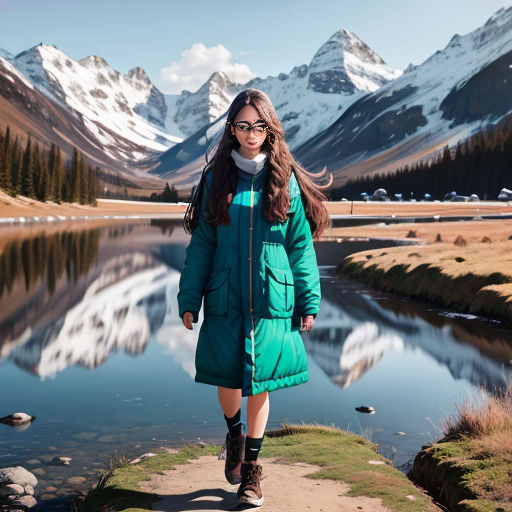 a woman in a green coat is walking by a lake and mountains with a snow capped mountain in the background