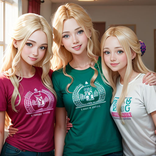 three young women standing next to each other in a room with a window and a door in the background