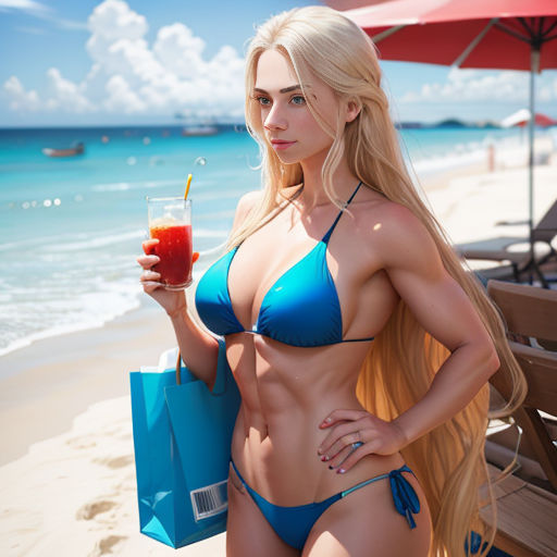 a woman in a bikini holding a drink on a beach with a red umbrella in the background and a blue bag