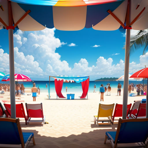 a beach with a lot of chairs and umbrellas on it and people on the beach in the background
