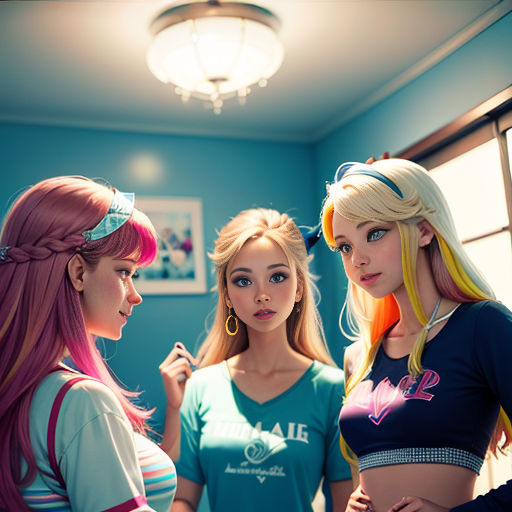 three girls standing in a room with a light on above them and a chandelier above them, all wearing colorful hair