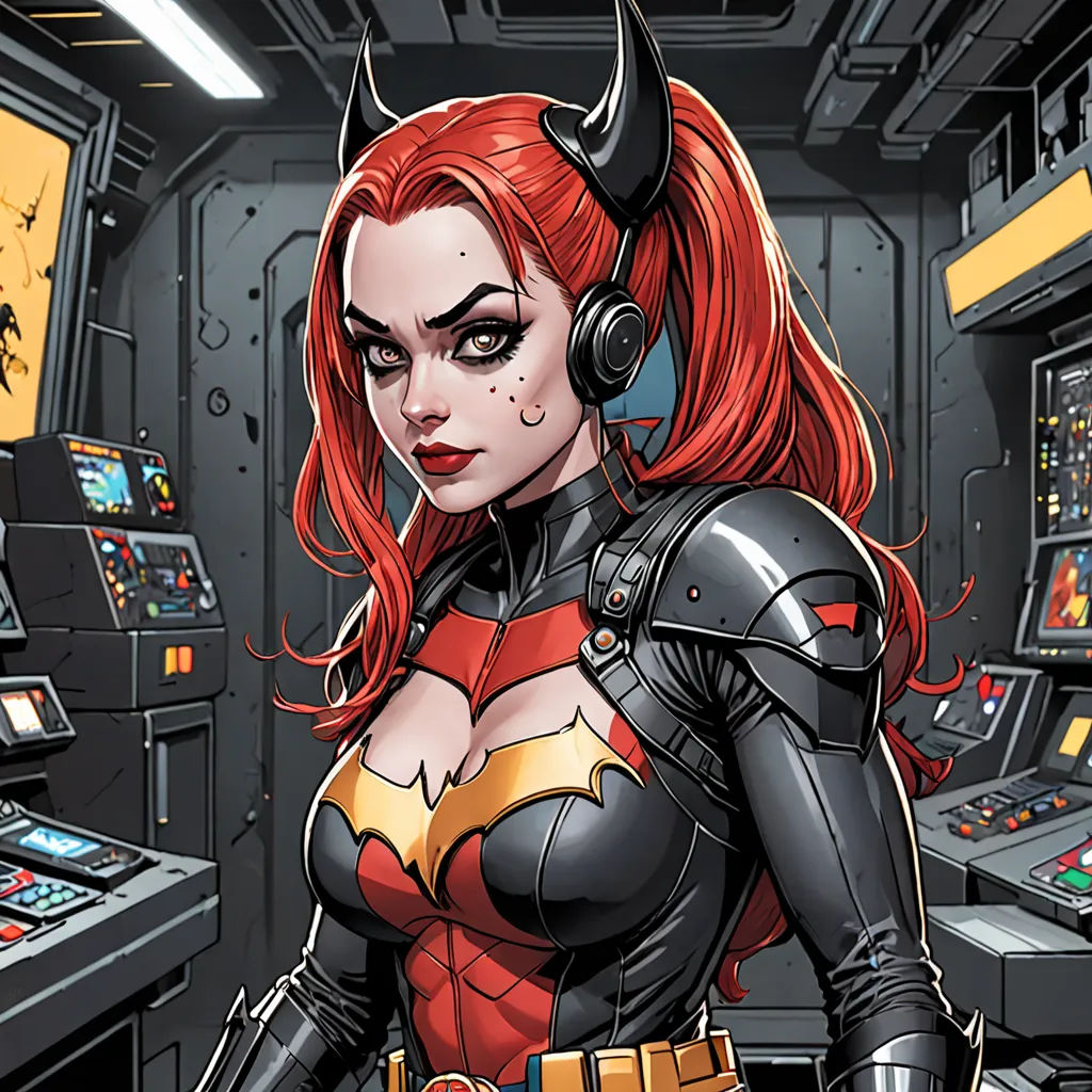 a woman in a costume standing in a room with a computer screen and a mouse on her head and a mouse in her hand, sots art, a comic book panel, Artgerm, comic cover art