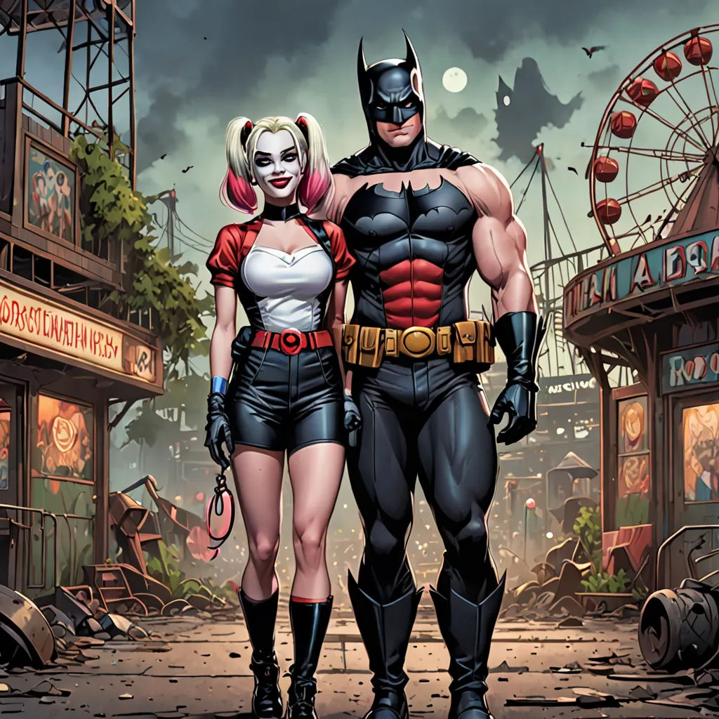 a couple of people standing next to each other in a street with a ferris wheel in the background and a ferris wheel in the background, international gothic, a comic book panel, Artgerm, comic cover art