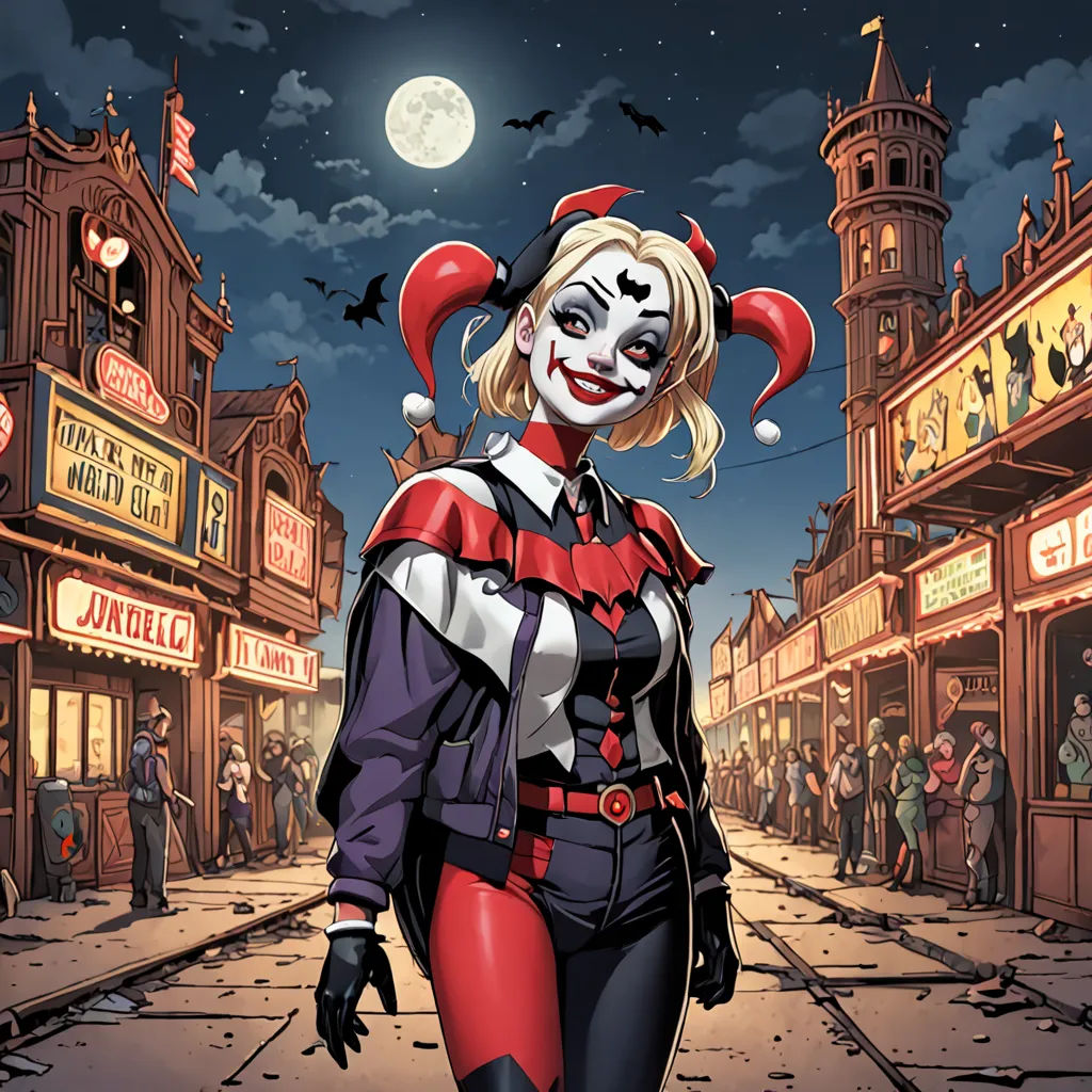 a cartoon of a woman dressed as a clown in a town street at night with a full moon in the background, fantasy art, a comic book panel, Dan Mumford, western comic book art