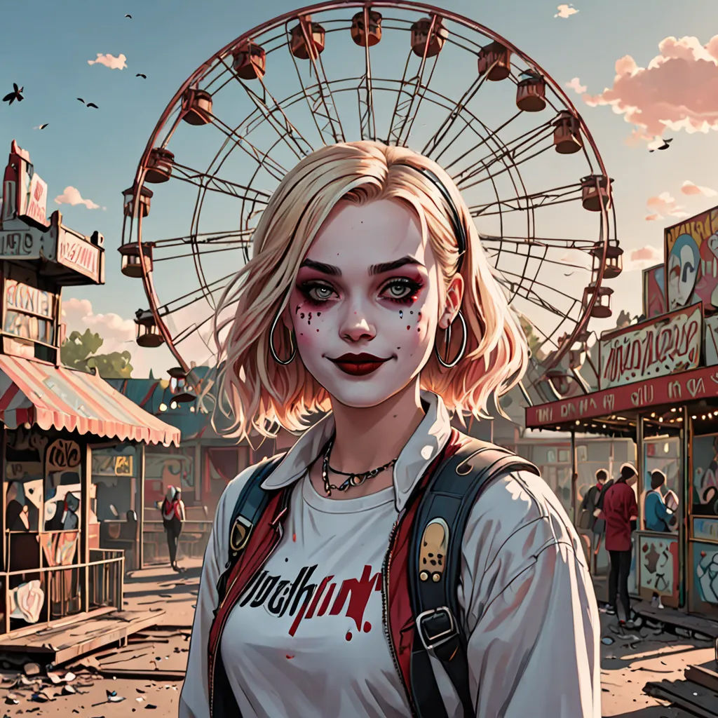 a woman with makeup and a creepy look on her face standing in front of a carnival ride and ferris wheel, american scene painting, a detailed painting, artist, highly detailed digital painting