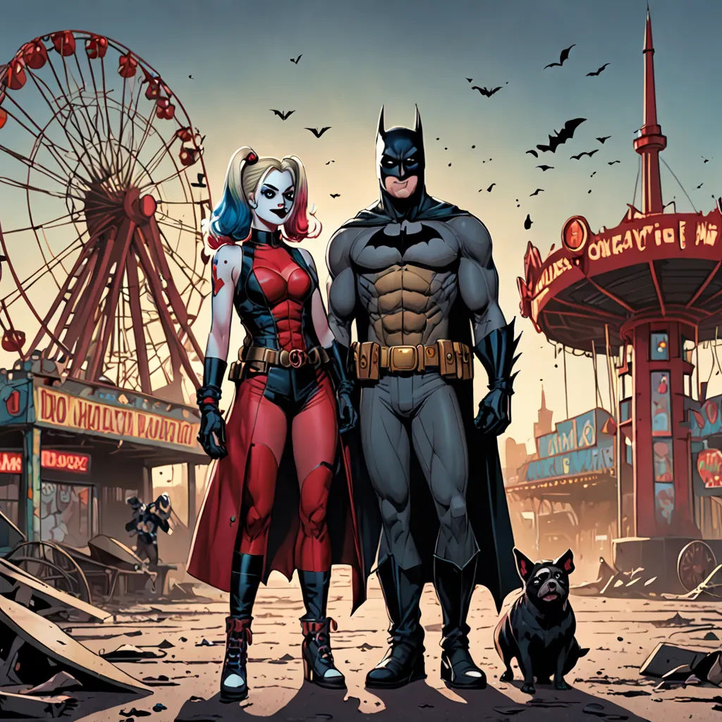 a couple of people standing next to each other in front of a carnival park with a ferris wheel in the background, international gothic, a comic book panel, Andrew Robinson, comic cover art
