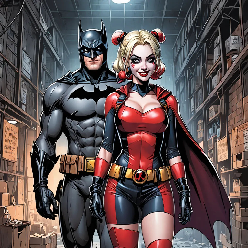 a couple of people that are standing in a room together with batman and harley costumes on and a catwoman, international gothic, a comic book panel, Artgerm, comic cover art