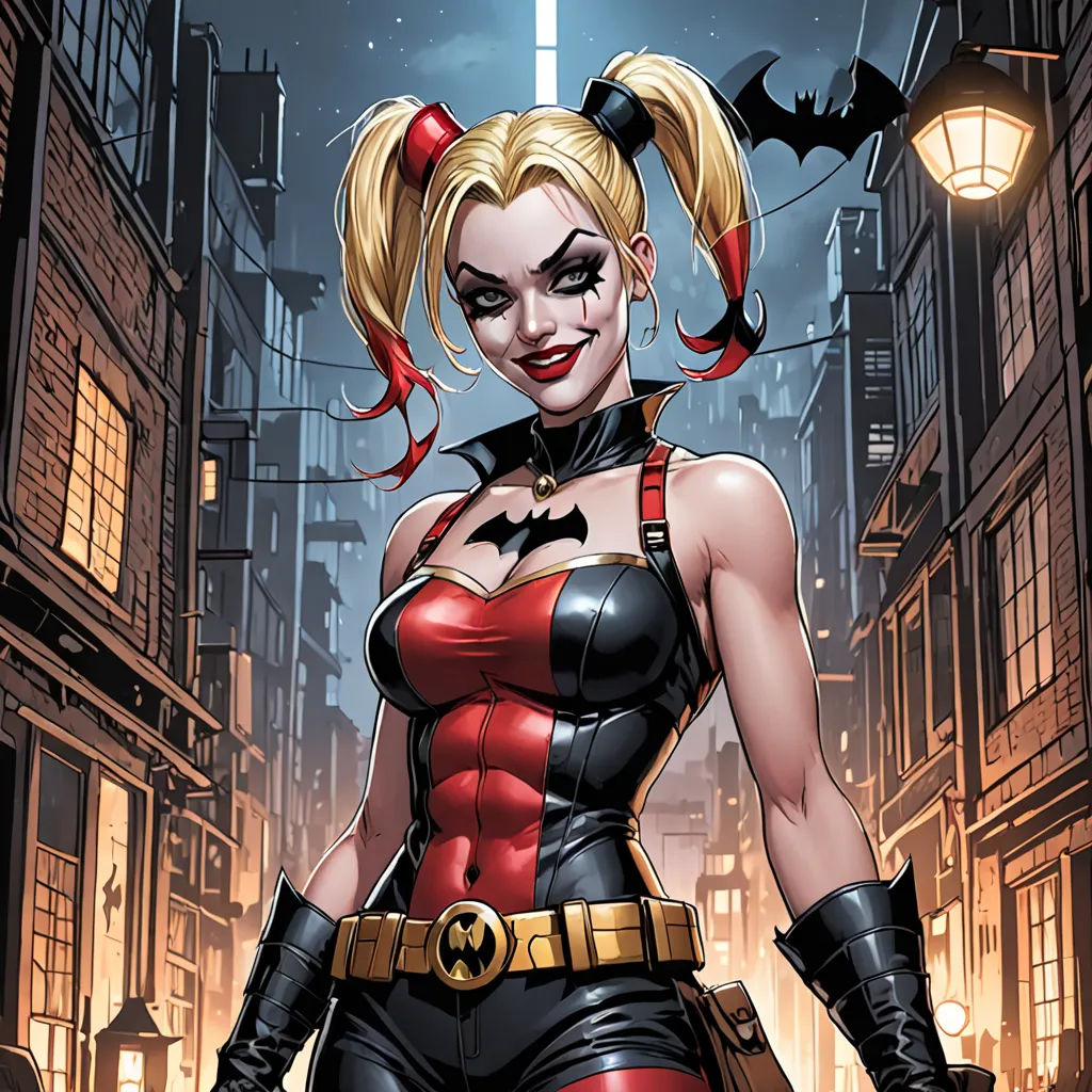 a woman in a red and black costume standing in a city street at night with a bat on her shoulder, underground comix, a comic book panel, Artgerm, comic cover art