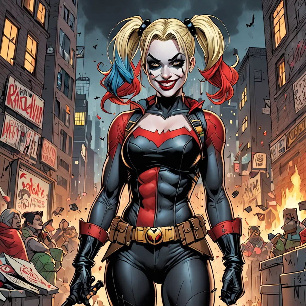 a woman in a batman costume standing in a city street with a crowd of people behind her and a fire in the background, underground comix, a comic book panel, Artgerm, comic cover art