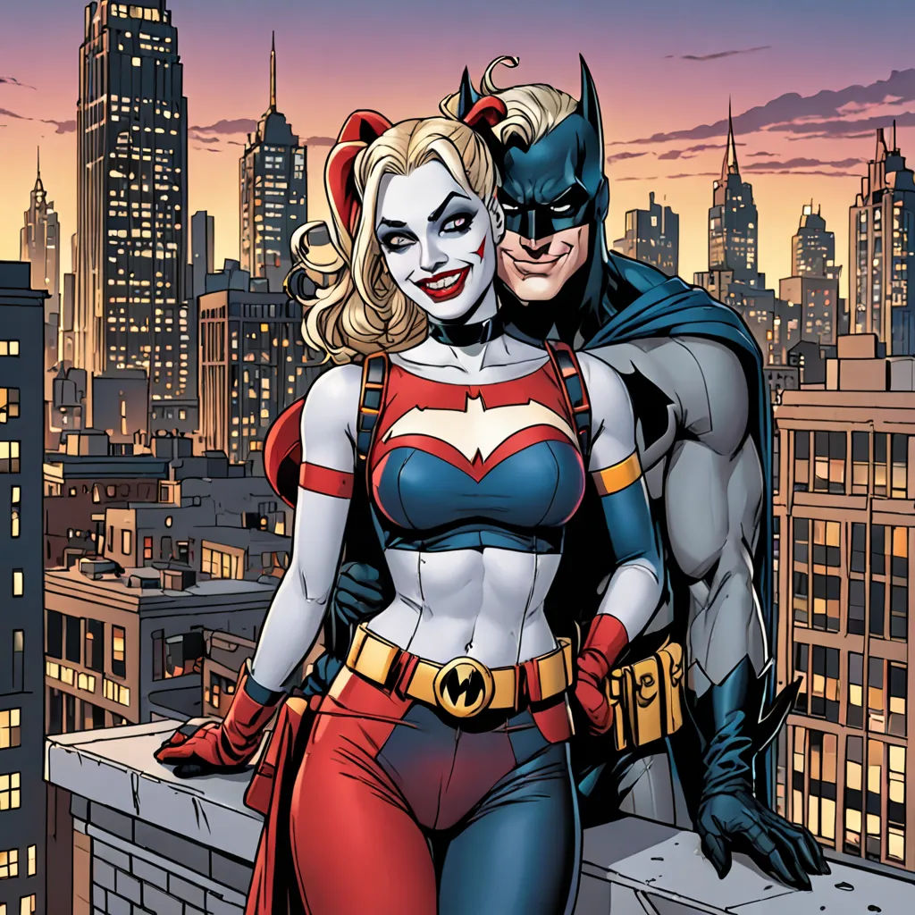 a couple of people that are standing on a roof together in a city at night time with a batman and harley, international gothic, a comic book panel, Brian Bolland, comic cover art