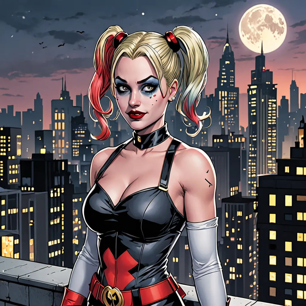 a woman in a black and red outfit standing on a rooftop with a city skyline in the background at night, gothic art, a comic book panel, Artgerm, comic cover art