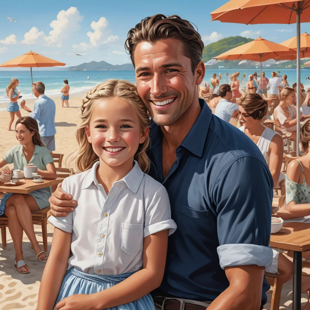 a man and a little girl are posing for a picture on the beach with umbrellas in the background, precisionism, a photorealistic painting, F Scott Hess, extremely detailed oil painting