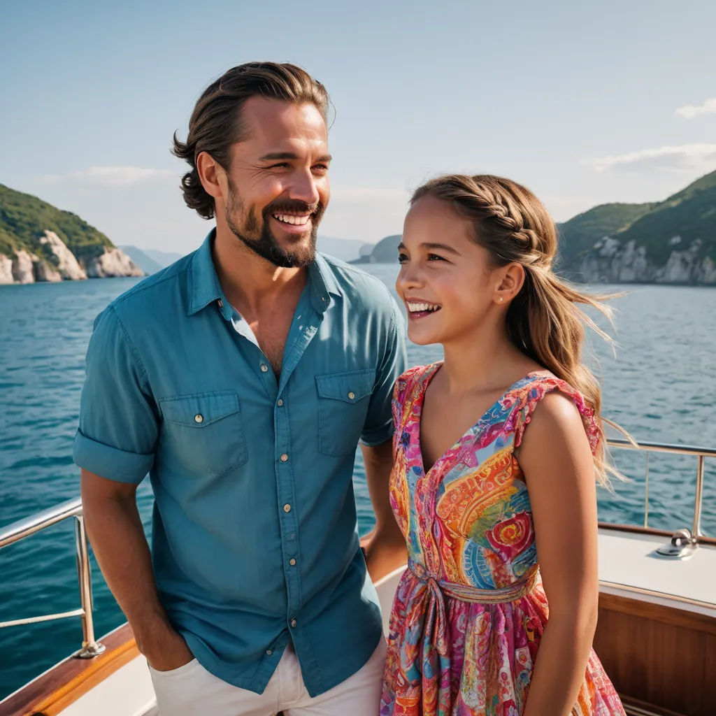 a man and a girl standing on a boat in the water smiling at each other and looking at the camera, private press, a stock photo, Avgust Černigoj, promotional image