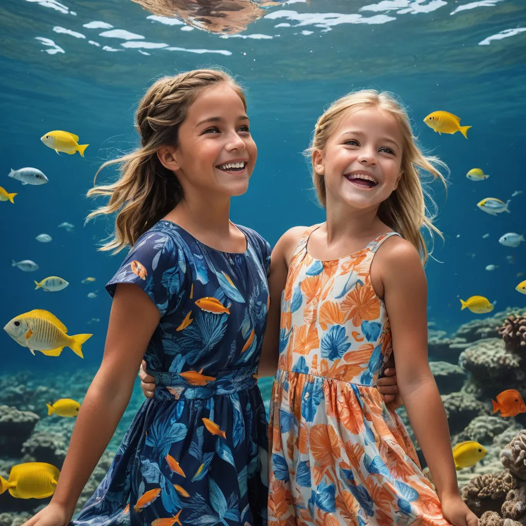 two young girls standing under a large underwater tank with fish swimming around them and smiling at the camera,, naturalism, a stock photo, Christian Hilfgott Brand, promotional image
