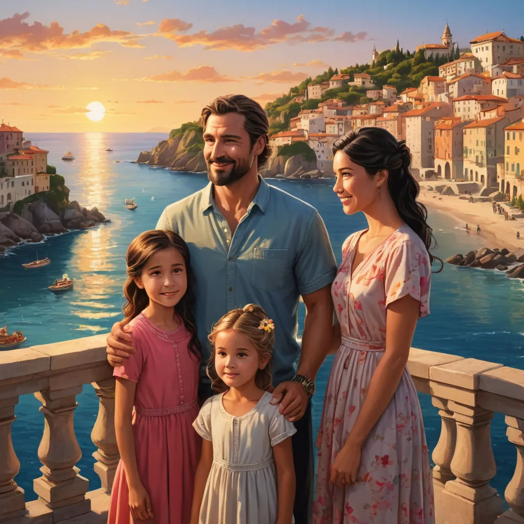 a man and two girls standing on a balcony with a sunset in the background and a painting of a city, magic realism, a detailed matte painting, Evgeny Lushpin, promotional image