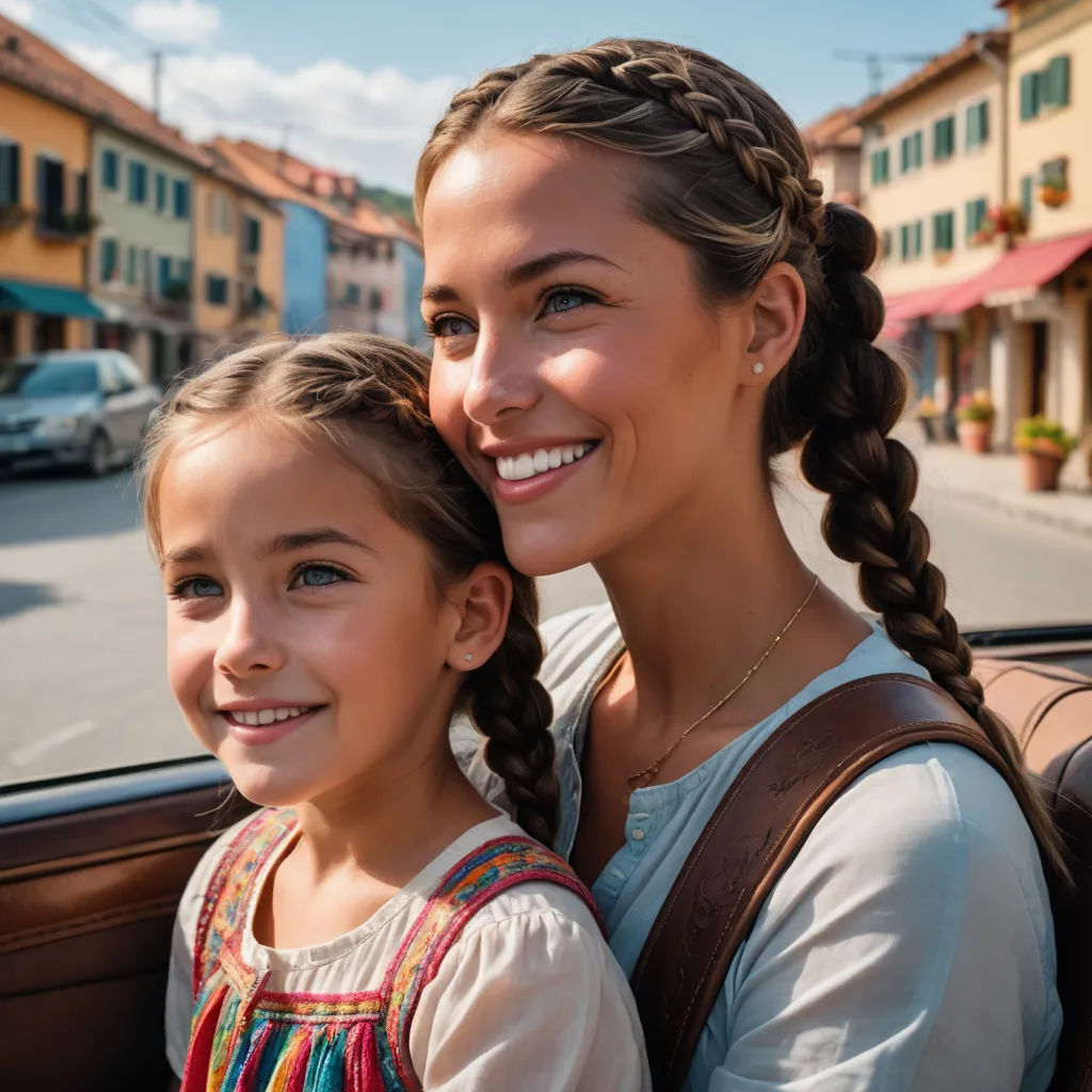 a woman and a girl are sitting in a car together smiling at the camera and looking at the camera, verdadism, a stock photo, Christian Hilfgott Brand, canon eos r 3