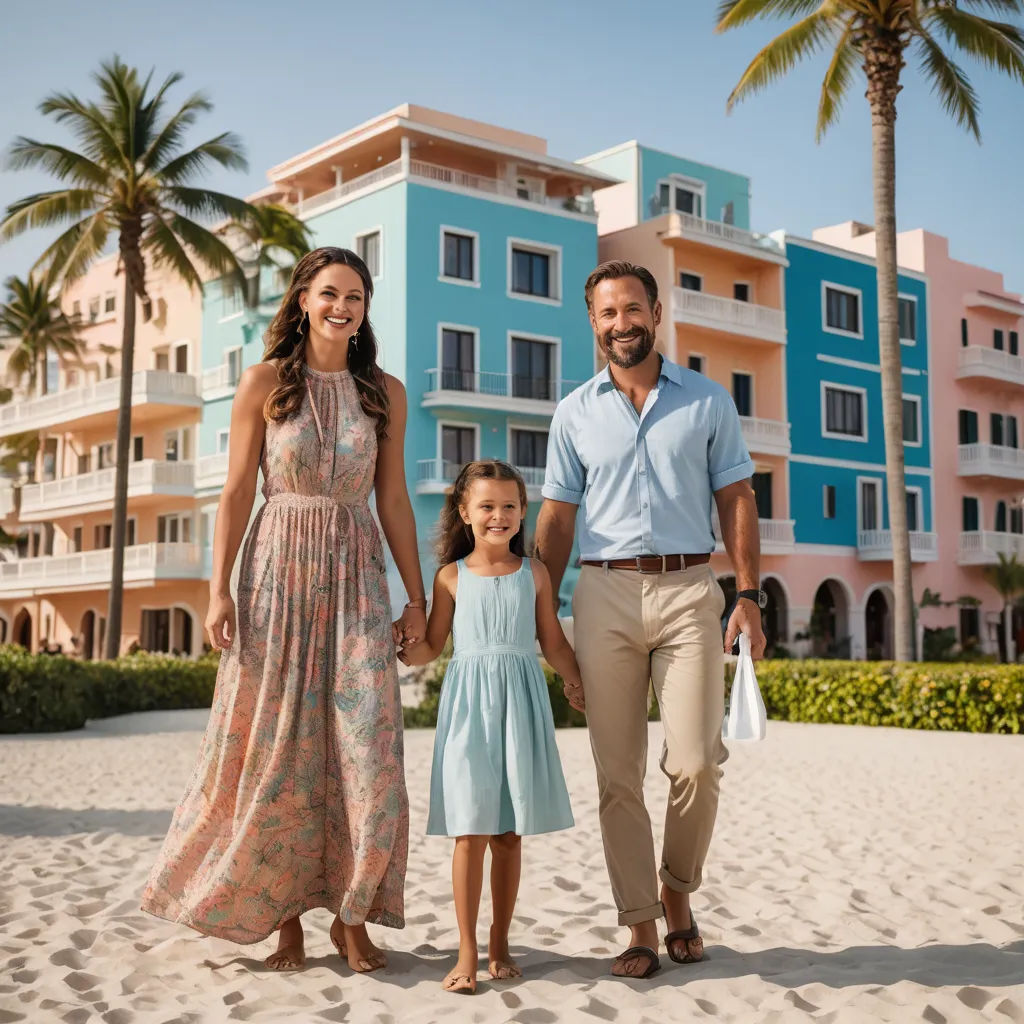 a man and woman and a child walking on a beach with a hotel in the background and palm trees, private press, a stock photo, Christian Hilfgott Brand, promotional image