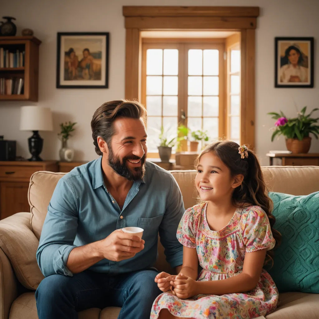 a man and a little girl sitting on a couch together and smiling at each other while holding a remote control, arts and crafts movement, a stock photo, Arthur Sarkissian, promotional image