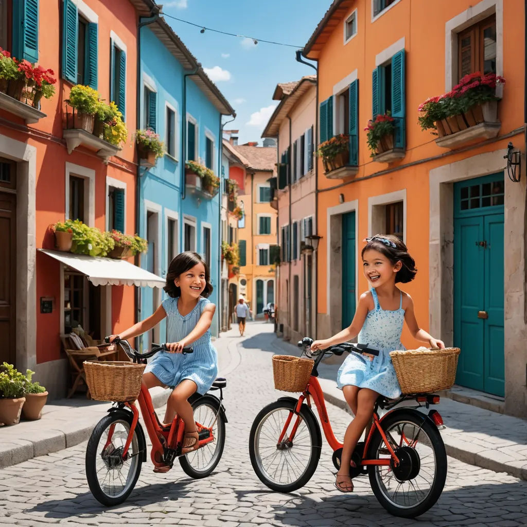 two girls riding bikes in a small town with colorful buildings and flowers on the windows and doors, and a blue sky, naive art, a stock photo, Correggio, canon eos r 3