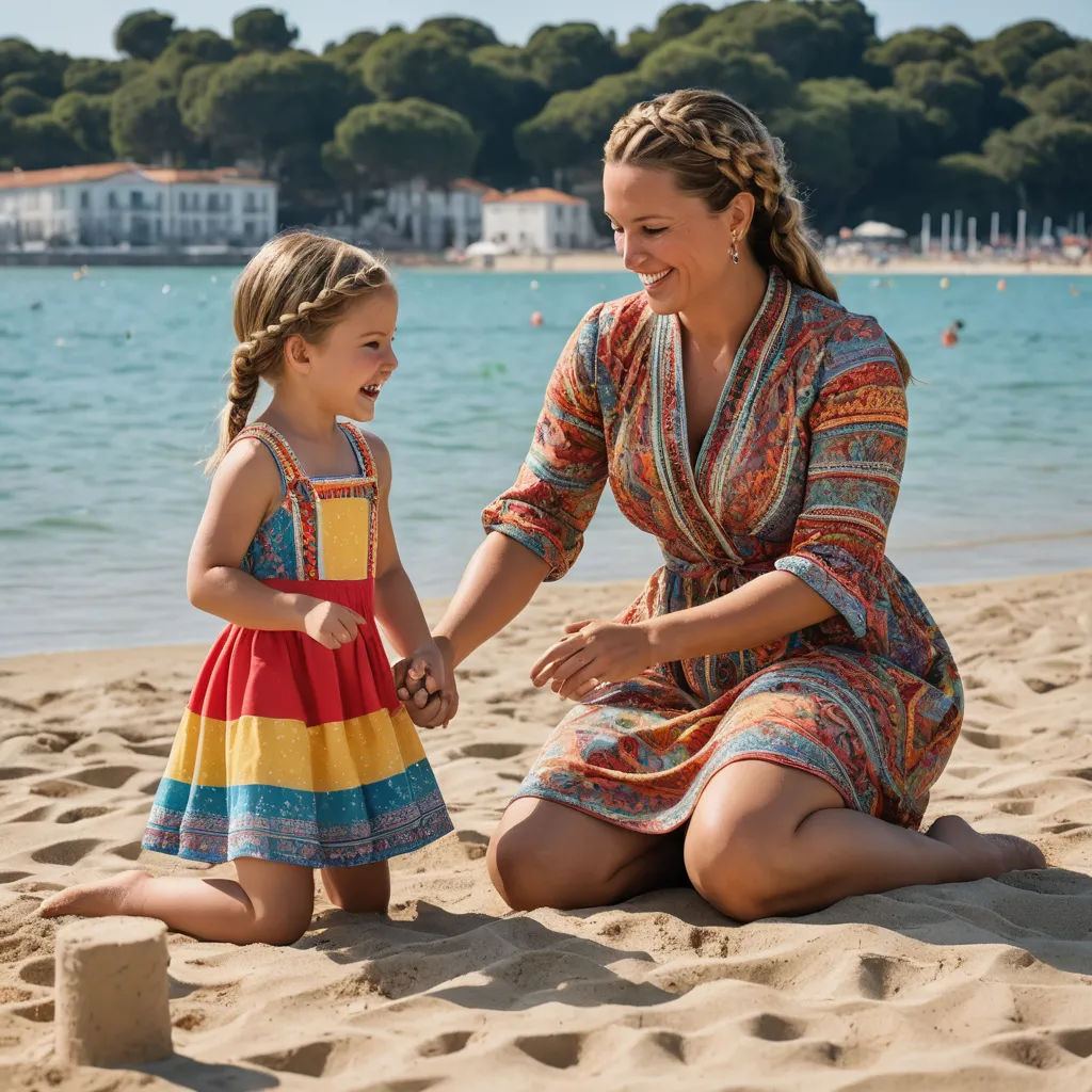 a woman and a little girl on a beach with a building in the sand and a body of water in the background, magic realism, a jigsaw puzzle, Annabel Kidston, promotional image
