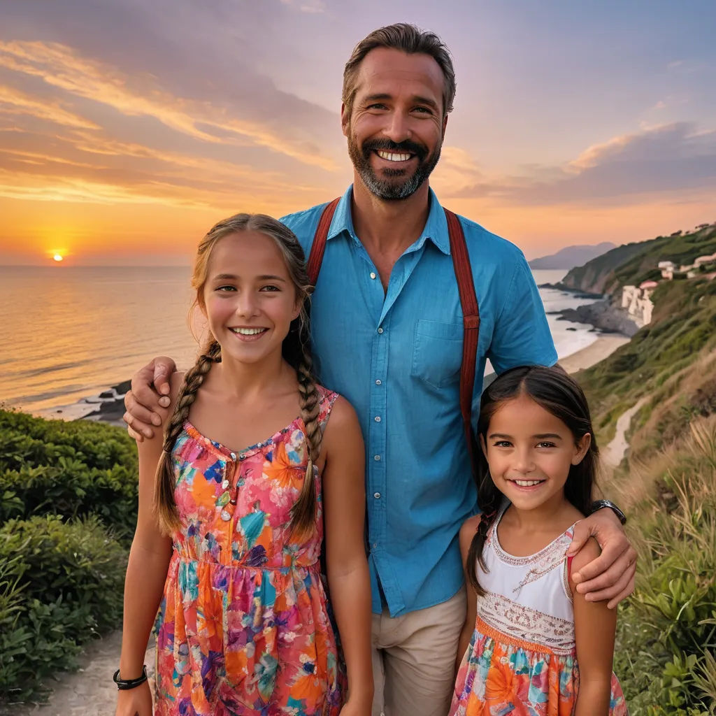a man and two girls standing on a cliff near the ocean at sunset with the sun setting behind them, heidelberg school, a stock photo, Christian Hilfgott Brand, portrait photography