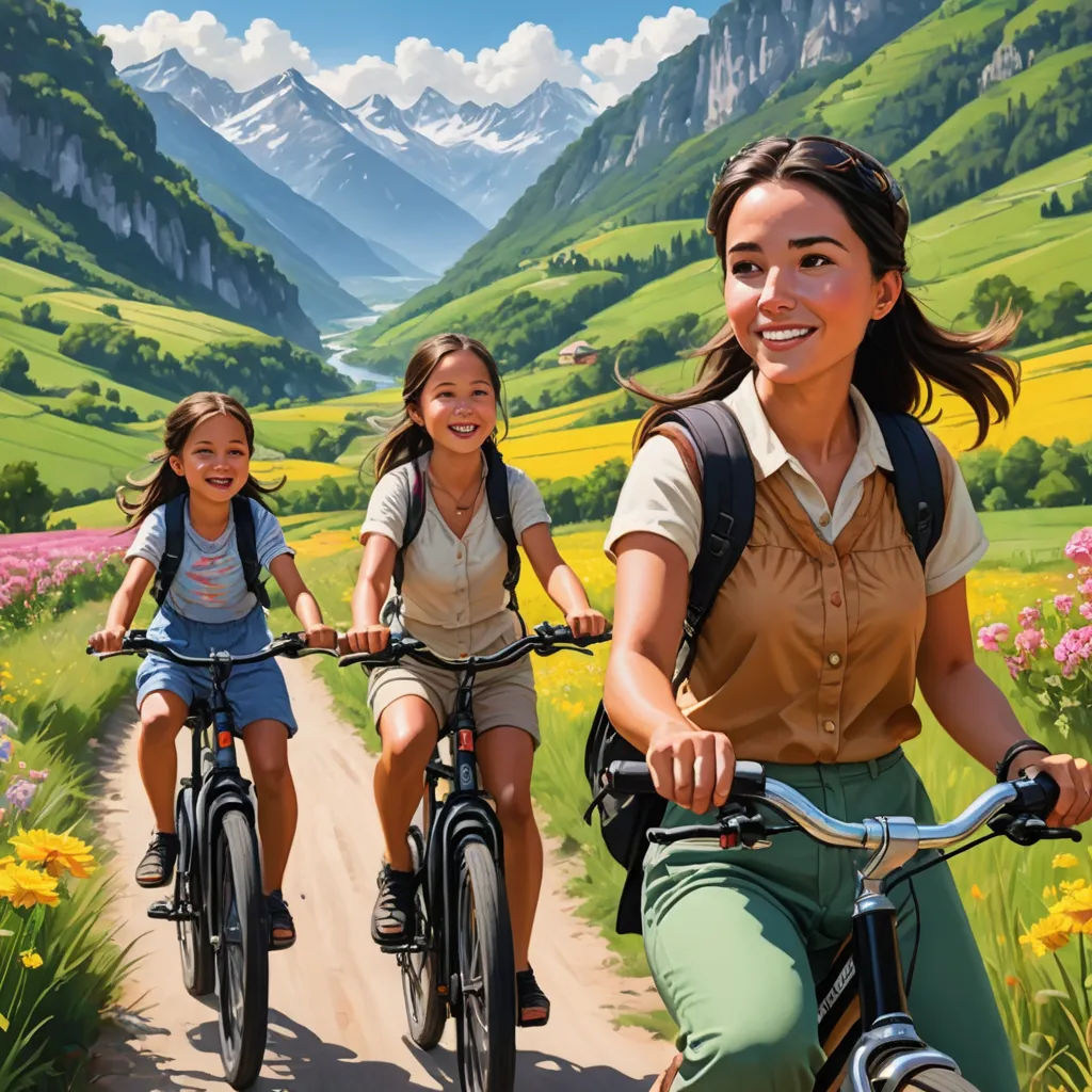 a painting of two girls riding bikes down a road with mountains in the background and flowers in the foreground, american scene painting, a detailed matte painting, Brothers Hildebrandt, key art