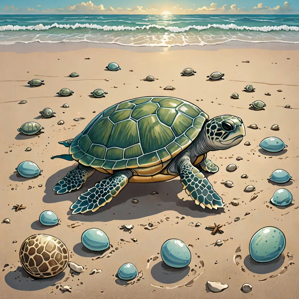 a turtle on the beach with shells and eggs around it and the sun in the background, with a blue sky and ocean, fantasy art, a detailed painting, Alex Horley-Orlandelli, highly detailed digital painting