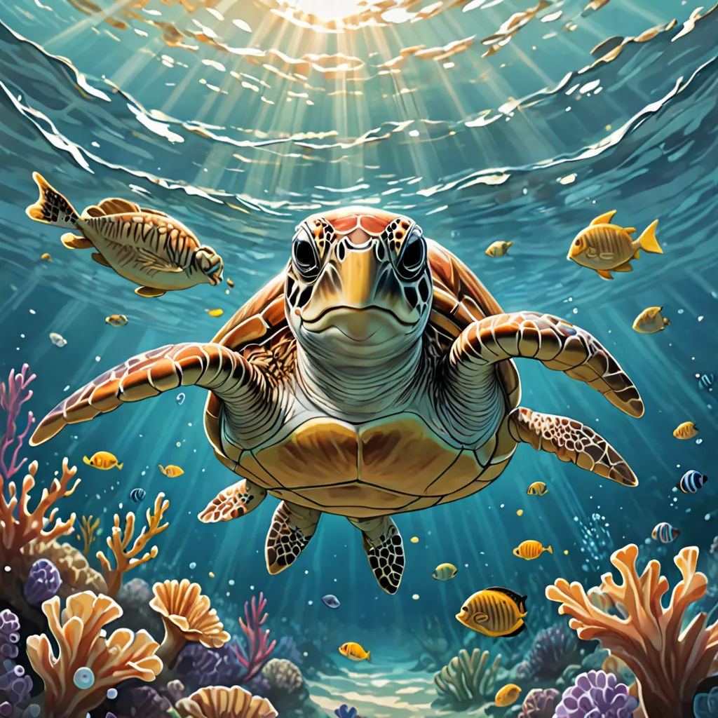 a painting of a turtle swimming in the ocean with other fish around it and a sunbeam above it, psychedelic art, an airbrush painting, Dan Mumford, highly detailed digital painting
