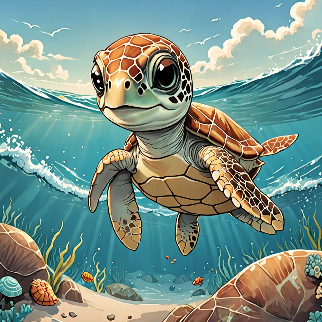a turtle swimming in the ocean with a sky background and clouds above it, with a sunbeam in the background, pop surrealism, a storybook illustration, Dan Mumford, josan gonzales and dan mumford