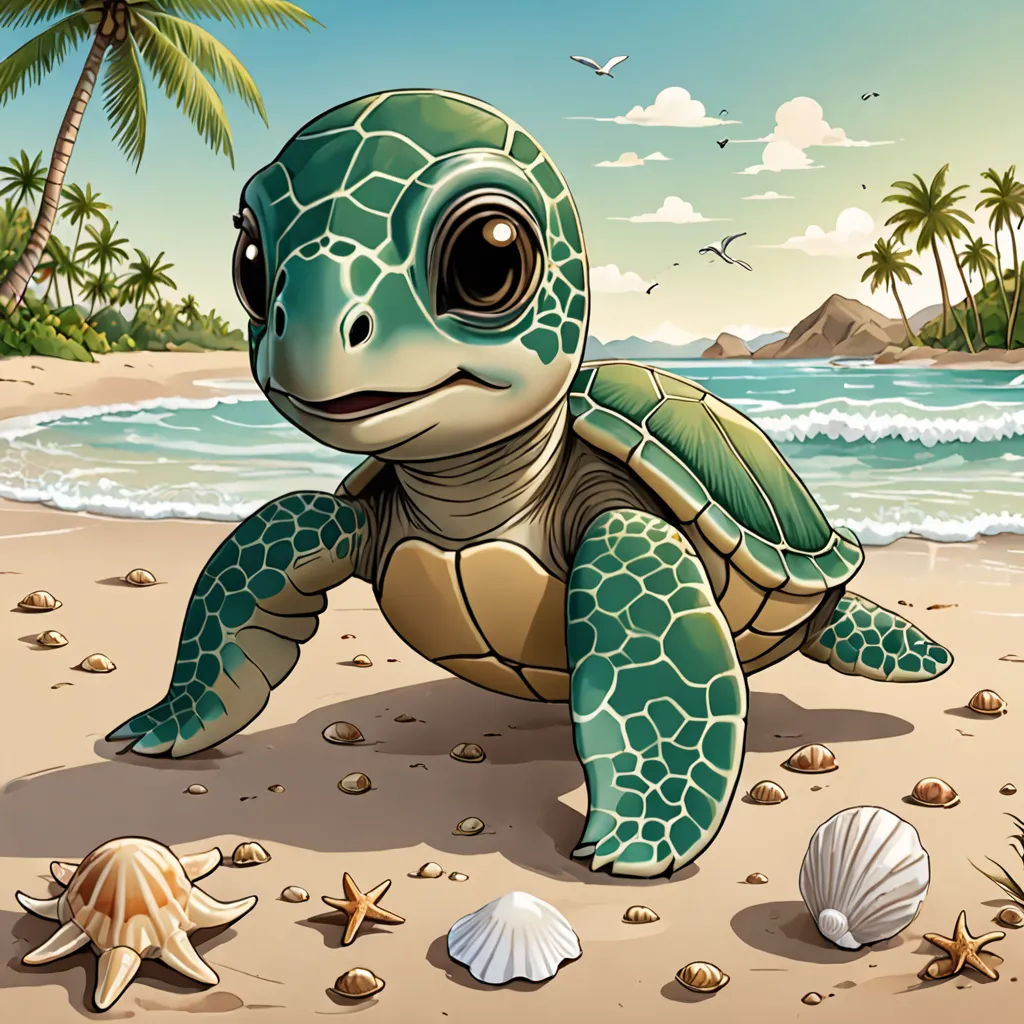 a cartoon turtle on a beach with shells and seagulls in the background, with a mountain in the distance, lyco art, a storybook illustration, Craola, highly detailed digital painting