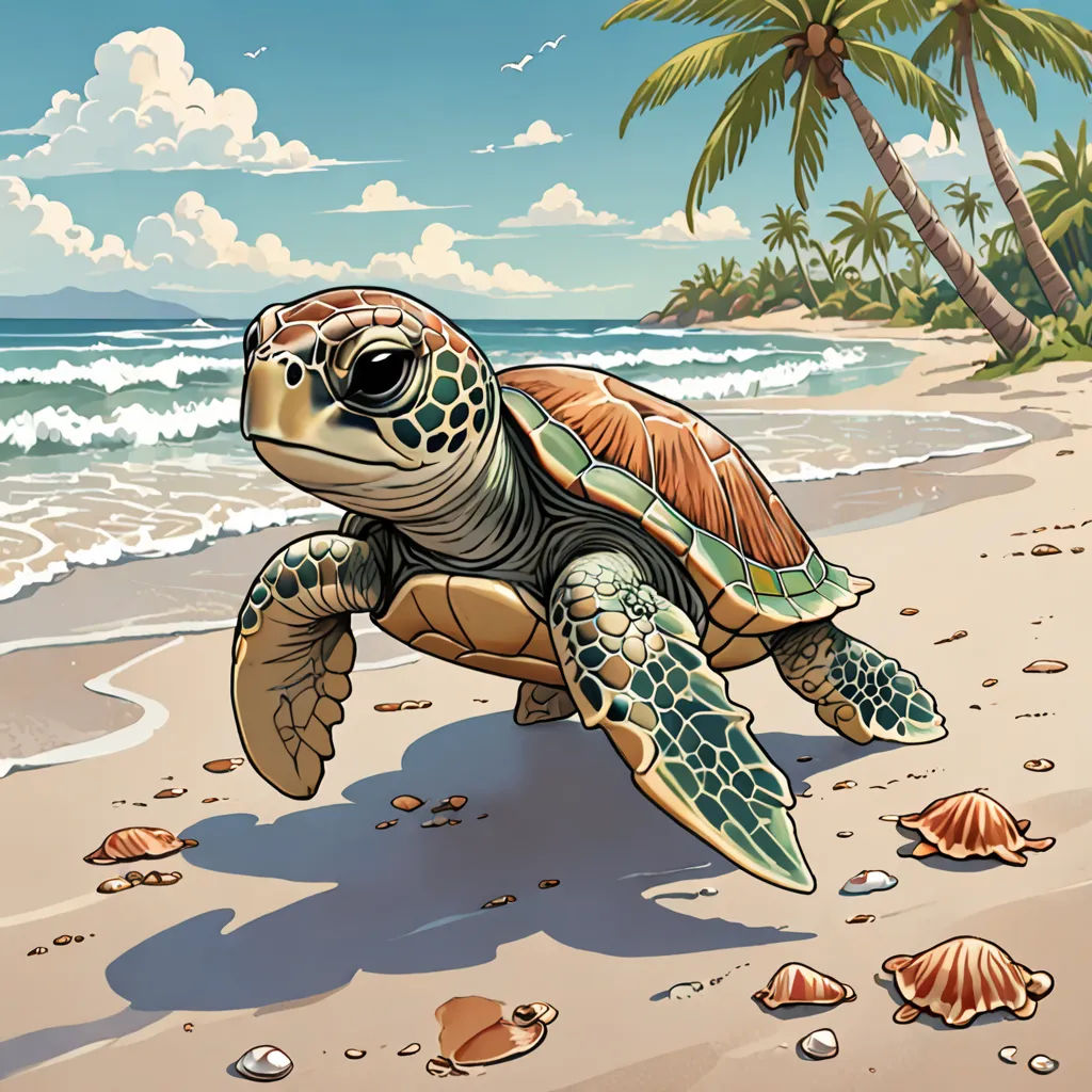 a turtle is on the beach with shells and a palm tree in the background, and a blue sky with clouds, sots art, a storybook illustration, Dan Mumford, high detail illustration
